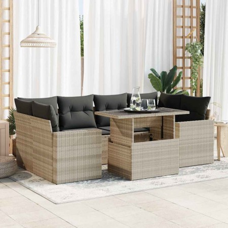Set de sofás de jardín 7 pzas con cojines ratán PE gris claro