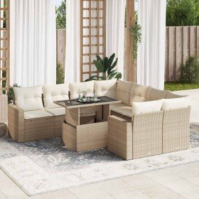 Set de sofás de jardín con cojines 9 pzas ratán sintético beige Set de sofás de jardín con cojines 9 pzas ratán sintético beige