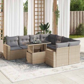 Set de sofás de jardín con cojines 9 pzas ratán sintético beige