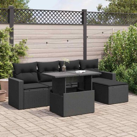 Set de sofás de jardín 6 piezas y cojines ratán sintético negro