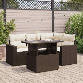 Set comedor de jardín 5 piezas y cojines ratán sintético marrón