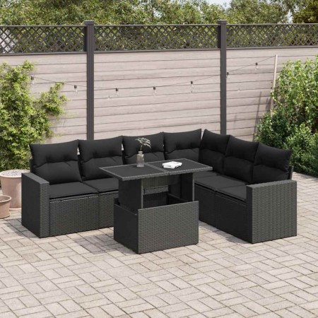 Set de sofás de jardín 7 pzas con cojines ratán sintético negro