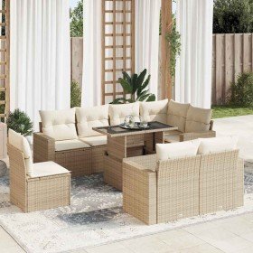 Set de sofás de jardín con cojines 9 pzas ratán sintético beige