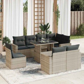 Set muebles jardín 9 pzas y cojines ratán sintético gris claro en Conjuntos de jardín | Comprar online en Foro24