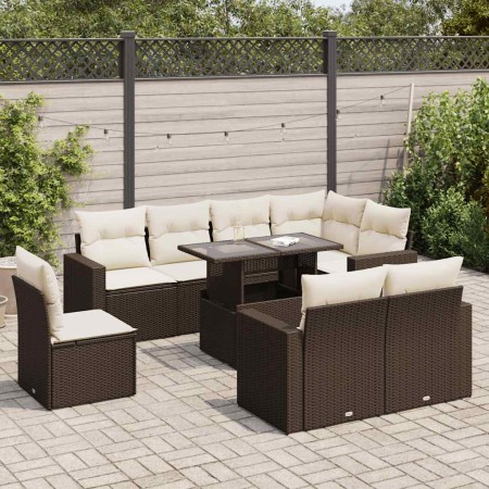 Set de sofás de jardín 9 pzas y cojines ratán sintético marrón