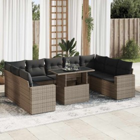 Set de sofás de jardín y cojines 10 pzas ratán sintético gris