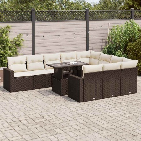 Set de sofás de jardín 11 pzas cojines ratán sintético marrón