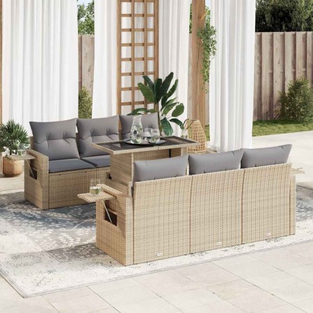 Set sofás de jardín 7 piezas y cojines ratán sintético beige