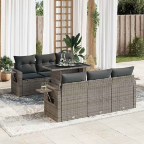 Set de sofás de jardín 7 pzas con cojines ratán sintético gris