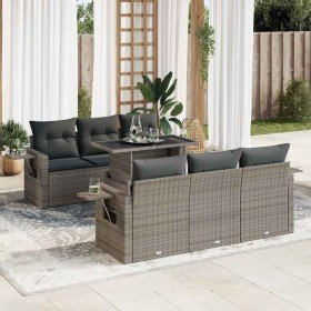 Set de sofás de jardín 7 pzas con cojines ratán sintético gris Set de sofás de jardín 7 pzas con cojines ratán sintético gris