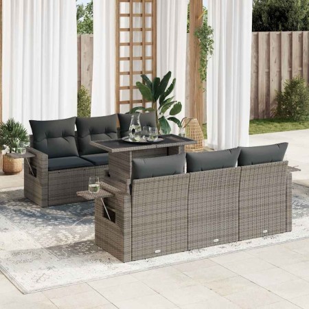Set de sofás de jardín 7 pzas con cojines ratán sintético gris