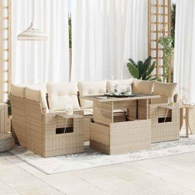Set sofás de jardín 7 piezas y cojines ratán sintético beige