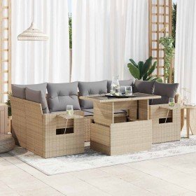 Set sofás de jardín 7 piezas y cojines ratán sintético beige