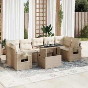 Set de sofás de jardín y cojines 8 piezas ratán sintético beige