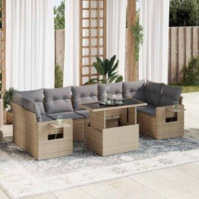Set de sofás de jardín y cojines 8 piezas ratán sintético beige