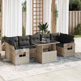 Set de sofás de jardín 8 pzas y cojines ratán sintético gris