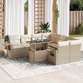 Set de sofás de jardín con cojines 9 pzas ratán sintético beige