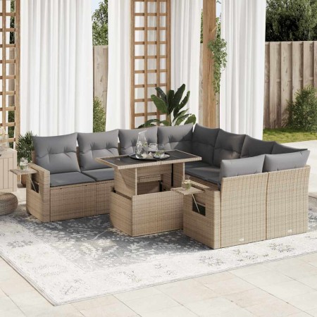 Set de sofás de jardín con cojines 9 pzas ratán sintético beige