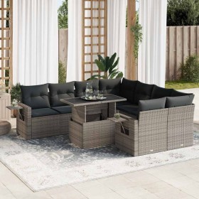 Set de sofás de jardín con cojines 9 pzas ratán sintético gris