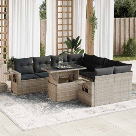 Set muebles jardín 9 pzas y cojines ratán sintético gris claro en Conjuntos de jardín | Comprar online en Foro24