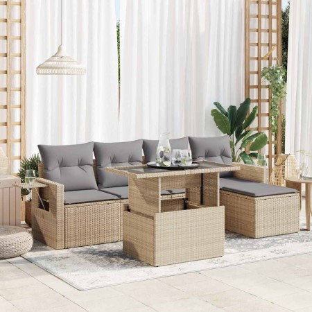 Juego de sofás jardín con cojines 6 pzas ratán sintético beige