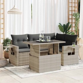 Set de sofás jardín y cojines 5 pzas ratán sintético gris claro