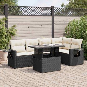 Set de sofás de jardín 6 piezas y cojines ratán sintético negro