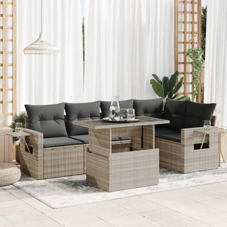 Set de sofás de jardín 6 pzas y cojines ratán sintético gris