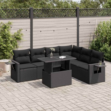 Set de sofás de jardín 7 pzas con cojines ratán sintético negro