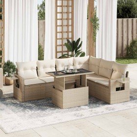 Set sofás de jardín 7 piezas y cojines ratán sintético beige