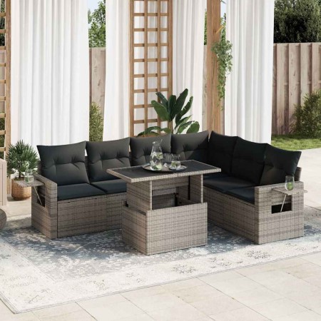 Set de sofás de jardín 7 pzas con cojines ratán sintético gris