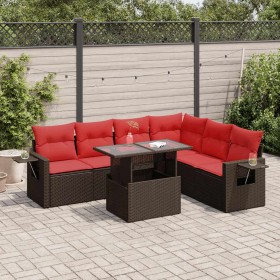 Set sofás jardín y cojines 7 pzas ratán sintético acacia marrón