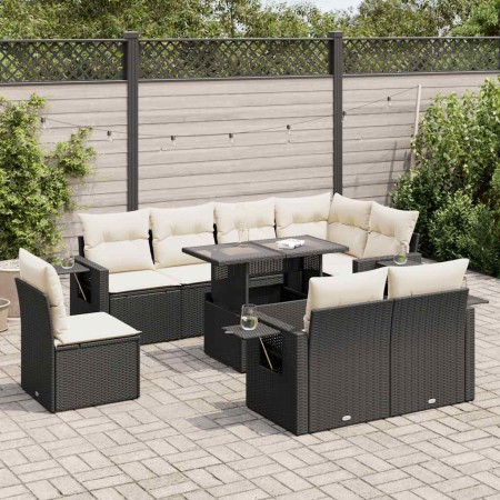 Set de sofás de jardín con cojines 9 pzas ratán sintético negro