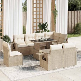 Set de sofás de jardín con cojines 9 pzas ratán sintético beige