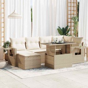 Set sofás de jardín 7 piezas y cojines ratán sintético beige en Conjuntos de jardín | Comprar online en Foro24