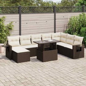 Set de sofás de jardín 9 pzas y cojines ratán sintético marrón