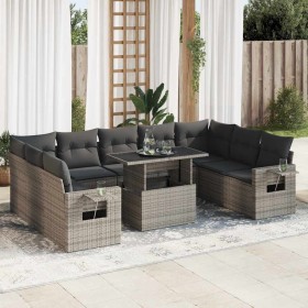 Set de sofás de jardín y cojines 10 pzas ratán sintético gris