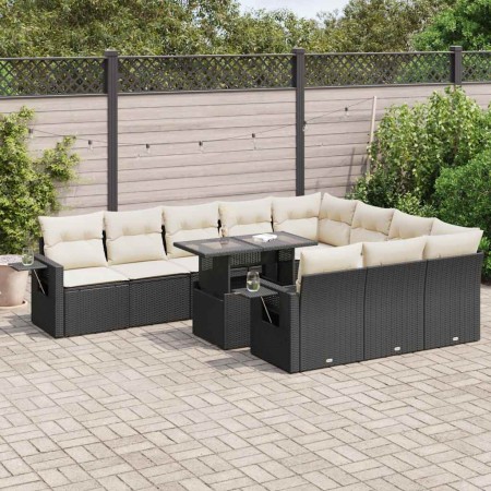 Set de sofás de jardín 11 pzas y cojines ratán sintético negro