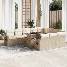 Set de sofás de jardín 11pzas con cojines ratán sintético beige
