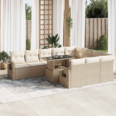 Set de sofás de jardín 11pzas con cojines ratán sintético beige