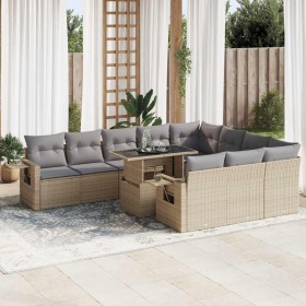 Set de sofás de jardín 11pzas con cojines ratán sintético beige