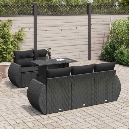 Set de sofás de jardín 6 piezas y cojines ratán sintético negro