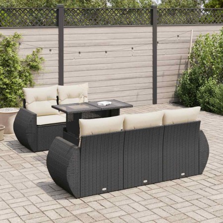 Set de sofás de jardín 6 piezas y cojines ratán sintético negro