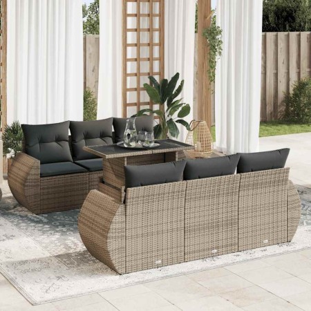 Set de sofás de jardín 7 pzas con cojines ratán sintético gris