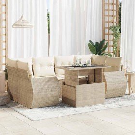 Set sofás de jardín 7 piezas y cojines ratán sintético beige