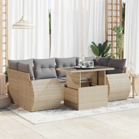 Set sofás de jardín 7 piezas y cojines ratán sintético beige
