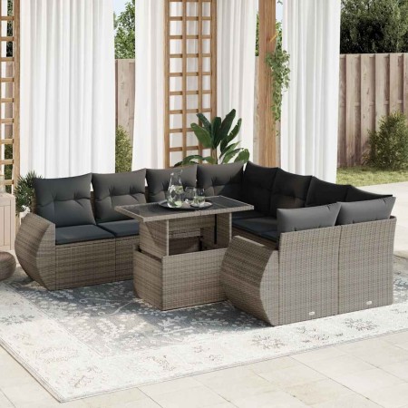 Set de sofás de jardín con cojines 9 pzas ratán sintético gris