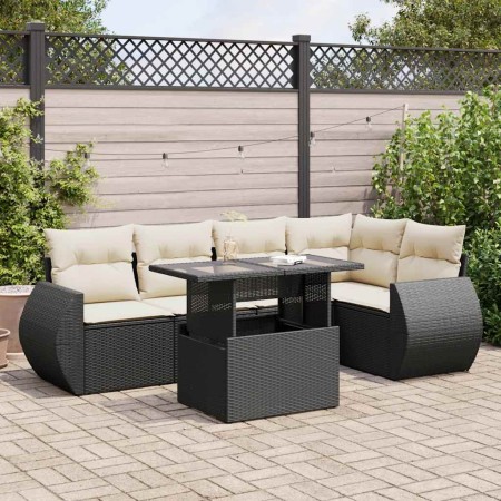 Set de sofás de jardín 6 piezas y cojines ratán sintético negro