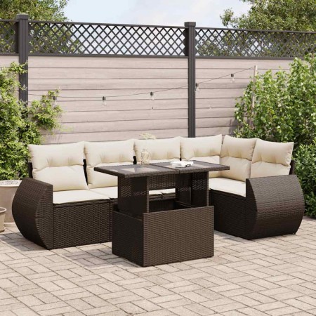 Set sofás de jardín 6 piezas y cojines ratán sintético marrón