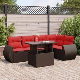 Juego Sofá Jardín 6 Piezas con Cojines Marrón Poli Ratán Acacia Juego Sofá Jardín 6 Piezas con Cojines Marrón Poli Ratán Acacia